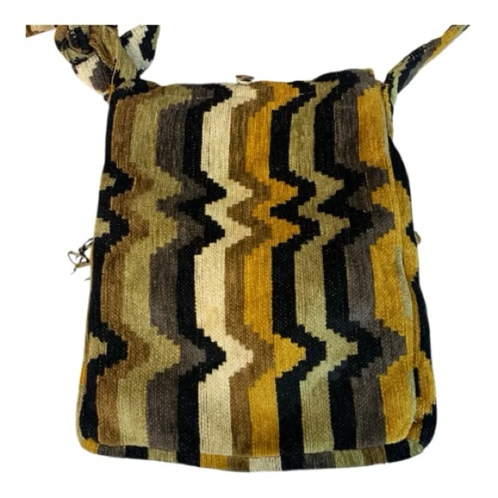 Striped Woven Knit Boho Crossbody Bag Gold Black Tan Shades Fringe Aztec Hippie